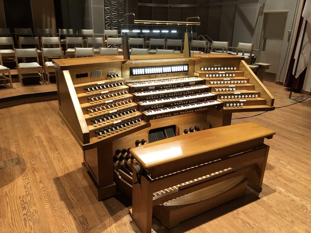 Oak drawknob organ console on a sanctuary platform