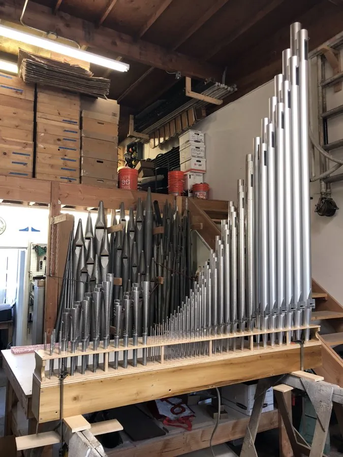 Pipe organ workshop and installation photo — O’Neal Pipe Organs