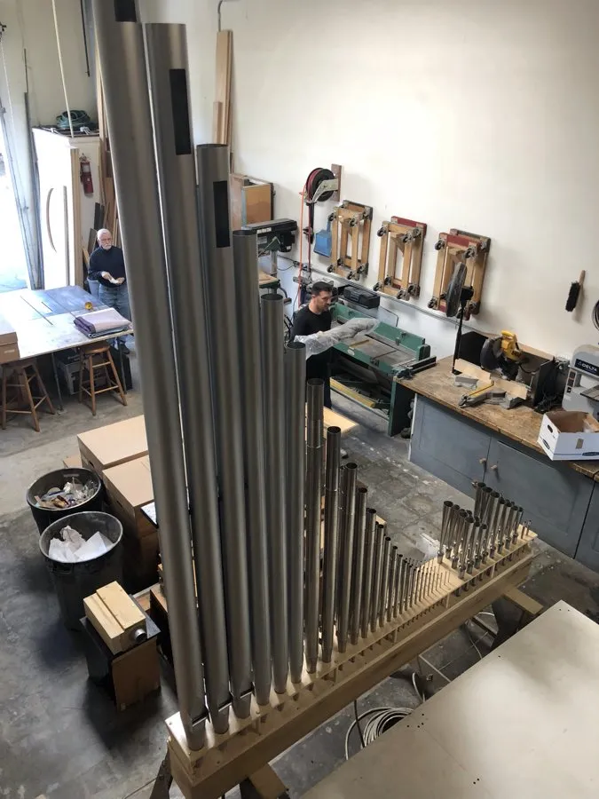 Pipe organ workshop and installation photo — O’Neal Pipe Organs